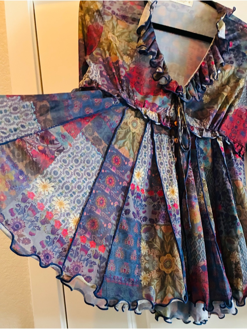 NATURAL LIFE Multicolor Floral Patchwork Ruffle V-Neck Top - Picture 4 of 7